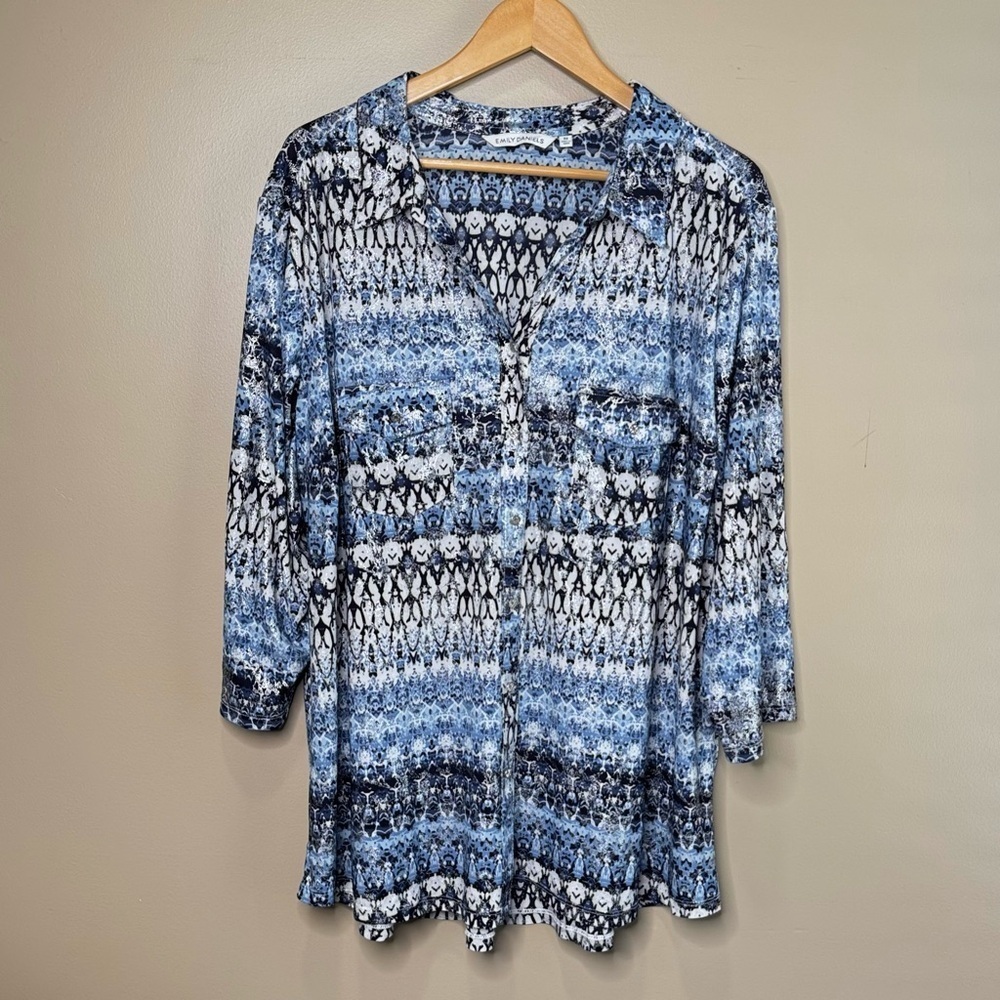 Emily Daniels Blue White Silver Metallic Shimmer Button Shirt Roll Up Sleeve 3X